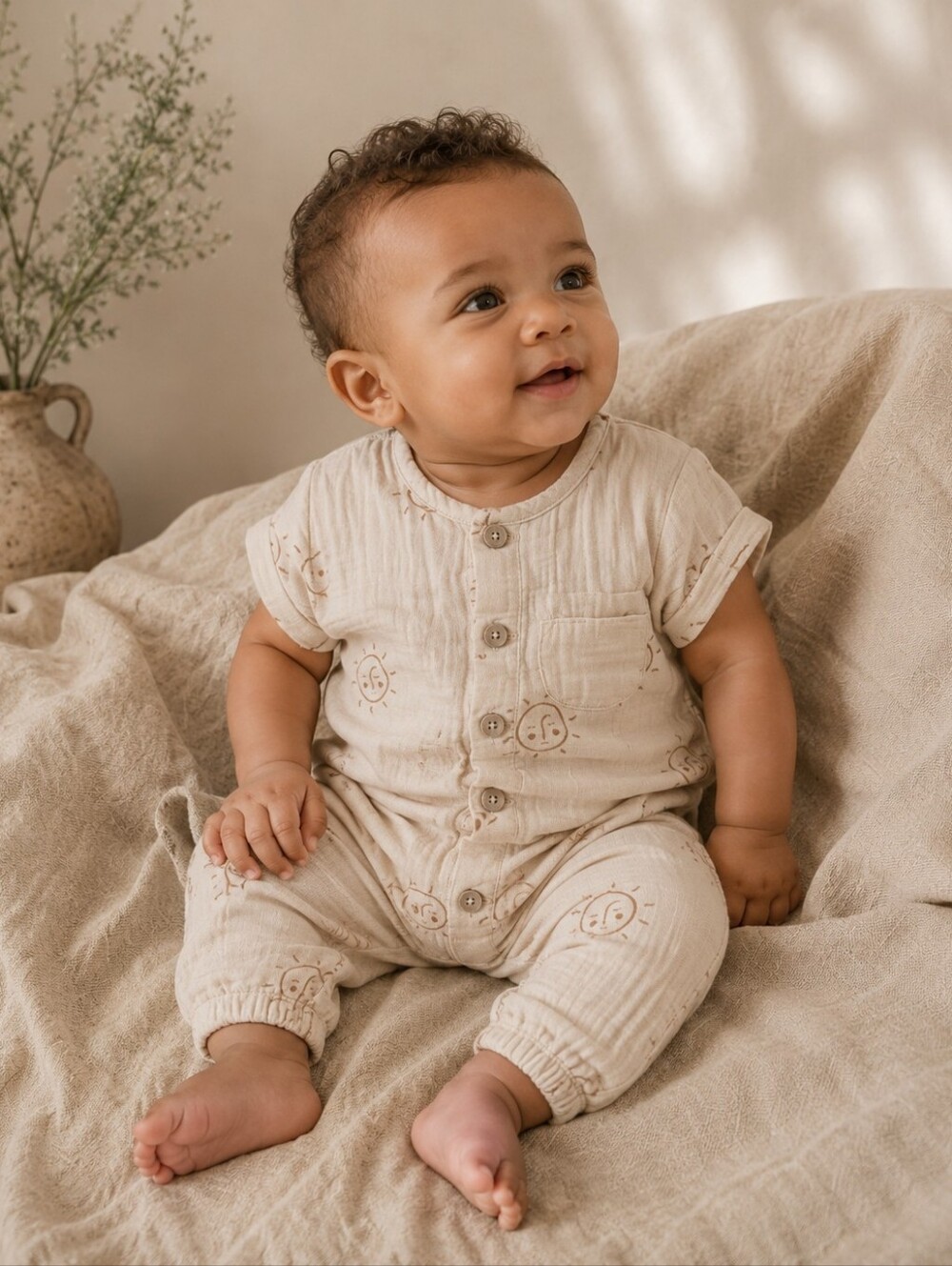 Quincy Mae Muslin Romper 3-6M Sun Print Organic Cotton Neutral Boho